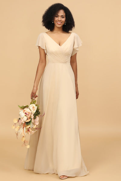 Wedtrend Women Champagne V-Neck Cap Sleeves A-Line Long Chiffon Bridesmaid Dress with Ruffles, Chiffon color / US16