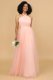 Blush A Line Halter Floor Length Tulle Bridesmaid Dress