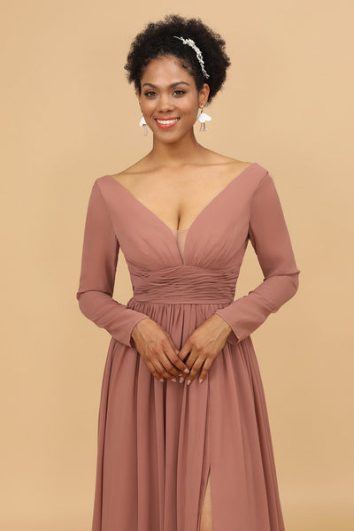 Wedtrend Women Blush V-Neck Long Sleeves Chiffon Bridesmaid Dress with Slit, Blush / US16