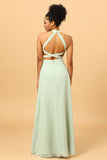 Sheath Halter Floor Length Open Back Chiffon Bridesmaid Dress with Slit