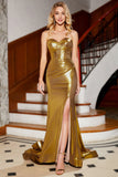 Golden Mermaid Sweetheart Corset Long Prom Dress with Slit