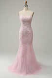 Light Pink Mermaid Spaghetti Straps Long Prom Dress with Appliques