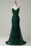 Peacock Green Mermaid Spaghetti Straps Prom Dress with Appliques