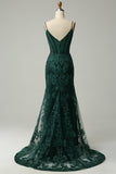 Peacock Green Mermaid Spaghetti Straps Prom Dress with Appliques