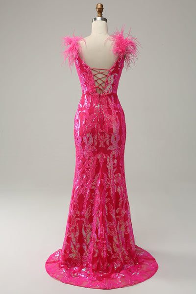 Mermaid V Neck Fuchsia Sequins Long Prom Dresses with Slit VK24041704