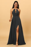 A Line Halter Open Back Long Chiffon Bridesmaid Dress With Slit