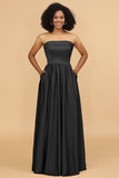 A Line Strapless Satin Floor Length Bridesmaid Dress with Pockets