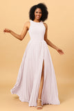 A Line High Neck Pleated Long Chiffon Bridesmaid Dress with Ruffles