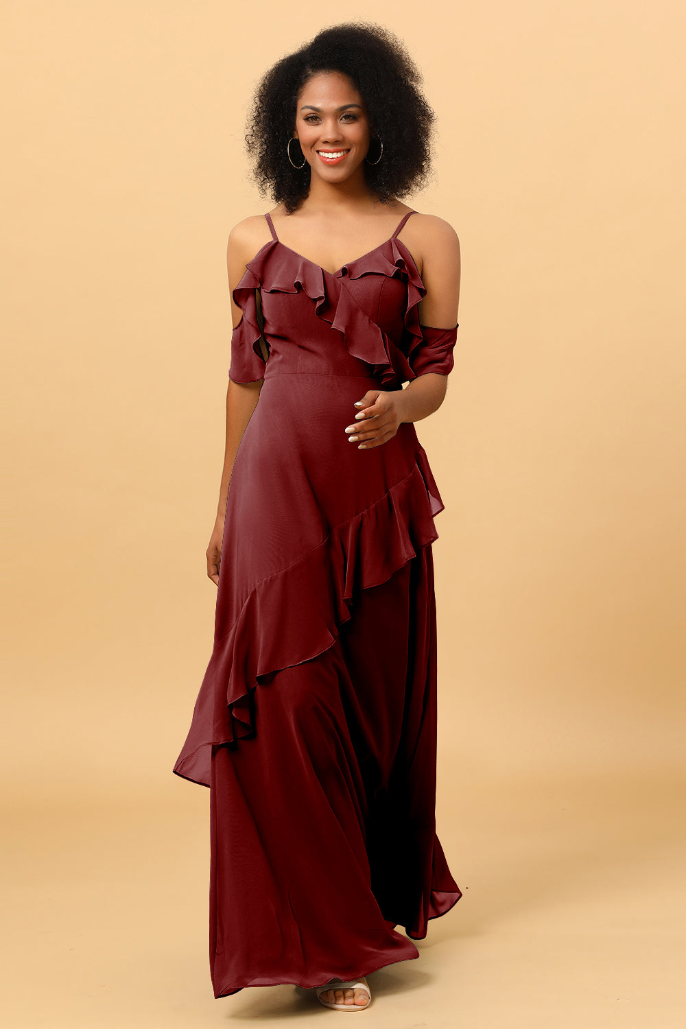 A Line Spaghetti Straps Long Chiffon Bridesmaid Dress with Ruffles