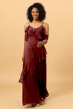 A Line Spaghetti Straps Long Chiffon Bridesmaid Dress with Ruffles