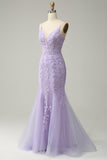 Purple Spaghetti Straps Mermaid Long Prom Dress With Appliques