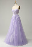 Purple A Line Spaghetti Straps Prom Dress with Appliques