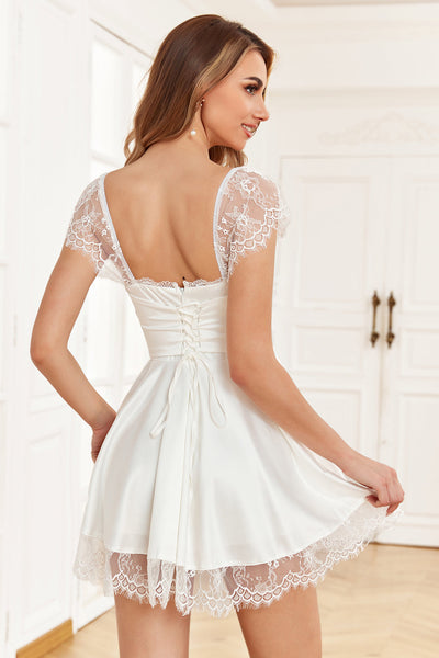 white lace graduation dress Leely Women A Line Short Scoop Neck Long Sleeves Little White Dress See plus size short white semi Wedtrend Women White Graduation Dress
