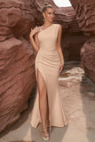 Mermaid Apricot One Shoulder Long Prom Dress with Slit