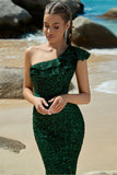 Dark Green Mermaid Sequins One Shoulder Long Prom Dress
