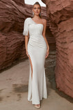 White Mermaid One Shoulder  Long Prom Dress With Slit