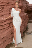 White Mermaid One Shoulder  Long Prom Dress With Slit