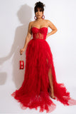 Red A Line Tulle Sweetheart Corset Long Prom Dress with Slit