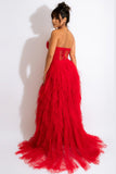 Red A Line Tulle Sweetheart Corset Long Prom Dress with Slit