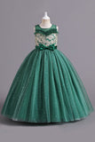 Champagne A Line Beaded Long Flower Girl Dress With Bowknot