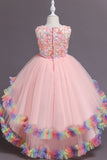 Pink High Low Boat Neck Tulle Flower Girl Dress Wedding Party Dress
