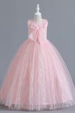 Blush A-Line Tulle Flower Girl Dress with Bowknot