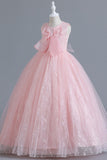 Blush A-Line Tulle Flower Girl Dress with Bowknot