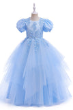 Light Blue Puff Sleeves Tulle Flower Girl Dress with Appliques