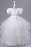 Light Blue Puff Sleeves Tulle Flower Girl Dress with Appliques