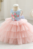 Pink Tiered Flower Printed Flower Girl Dress with Bowknot