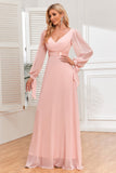 Blush A-Line Chiffon V-Neck Evening Dress with Long Sleeves