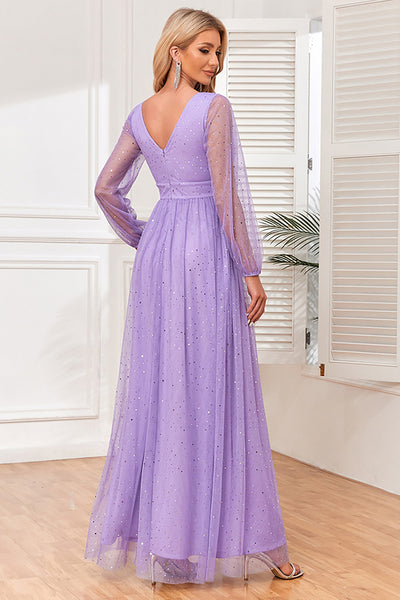 WEDTREND Women Lilac Formal Dress with Slit Tulle A-Line Long Sleeves Party  Dress