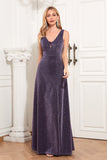 Glitter Purple A Line V-Neck Sleeveless Formal Dress with Slit