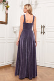 Glitter Purple A Line V-Neck Sleeveless Formal Dress with Slit