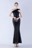 Metal Mermaid One Shoulder Sequin Formal Dress With Feather