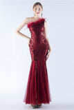 Burgundy One Shoulder Mermaid Mesh and Beaded Evening Dress With Feathers