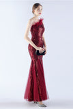 Burgundy One Shoulder Mermaid Mesh and Beaded Evening Dress With Feathers