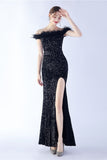 Black Bodycon Off The Shoulder Sequins Long Evening Dress with Feather