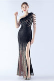 Glitter Black Bodycon Beaded Feather One-Shoulder Evening Dress With Slit