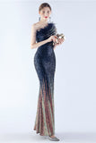 Glitter Black Bodycon Beaded Feather One-Shoulder Evening Dress With Slit
