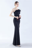 Burgundy Sheath One Shoulder Crepe Formal Dress with Feather