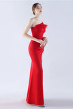 Burgundy Sheath One Shoulder Crepe Formal Dress with Feather