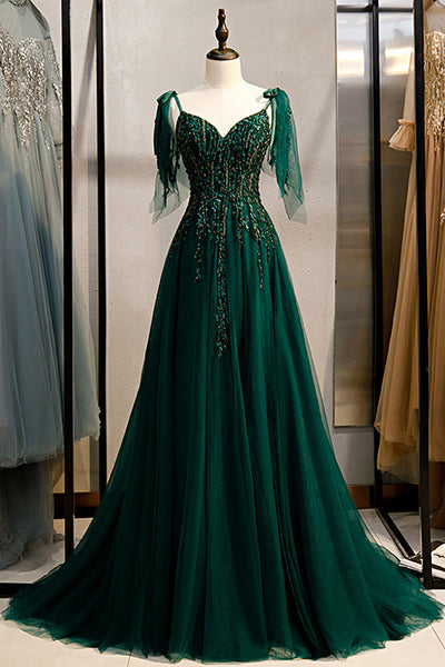 slim fit dress slacks Shiny Dark Green A-line V-neck Lace Prom Dresses, MP983 main image 1