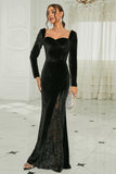 Black Mermaid Sweetheart Velvet Prom Dress With Long Sleeves