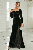 Black Mermaid Sweetheart Velvet Prom Dress With Long Sleeves