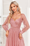 Dusty Rose A-Line Pleated Long Prom Dress With Long Sleeves