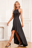 Asymmetrical Black Spaghetti Straps Long Prom Dress With Pockets