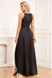 Asymmetrical Black Spaghetti Straps Long Prom Dress With Pockets