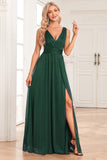 Dark Green A-Line Sparkly V-Neck Pleated Prom Dress with Slit