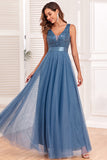 Sparkly Blue A-Line V-Neck Wedding Guest Dress